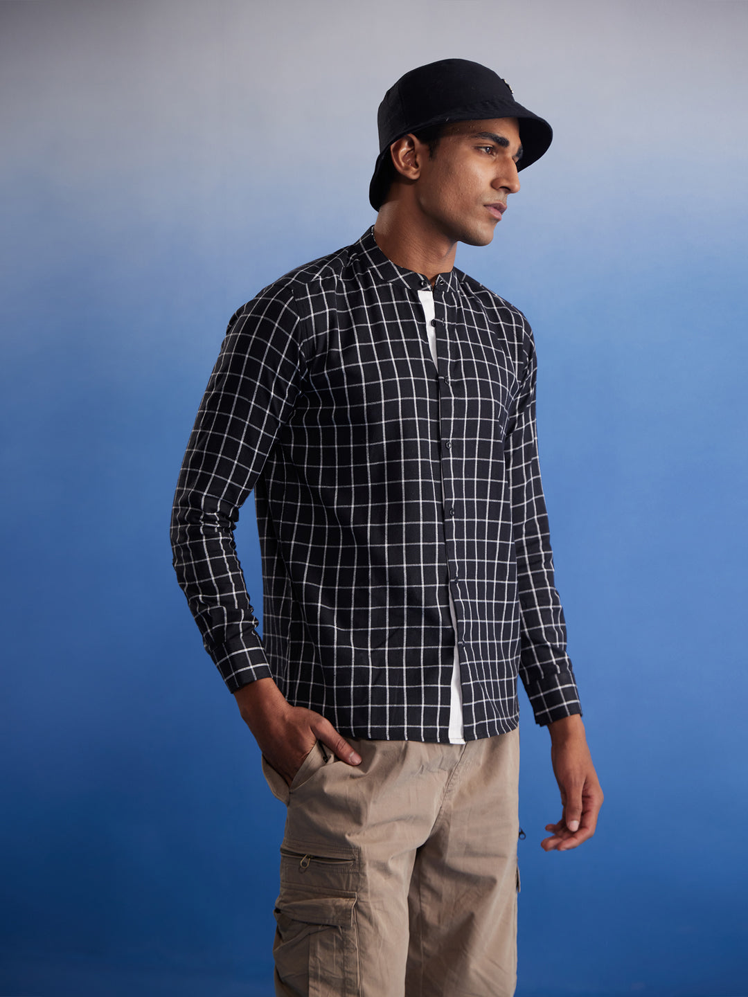  Front view of VASTRAMAY Men's Black Checked Cotton Shirt made from comfortable and breathable cotton fabric