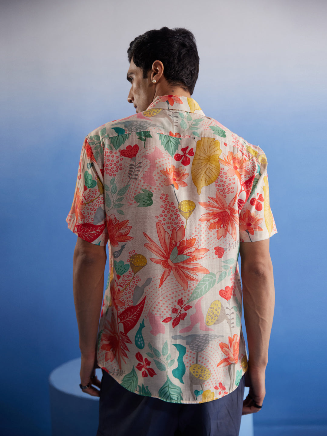 Vastramay Men's Multicolor Floral Printed Half Shirt with red, blue, and green flowers