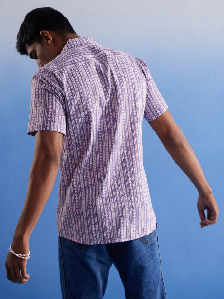 Vastramay Men's Purple Striped Woven Cotton Shirt