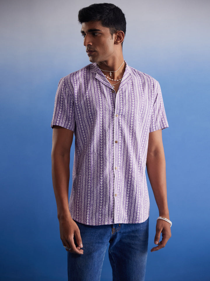 Vastramay Men's Purple Striped Woven Cotton Shirt with Button-Down Collar