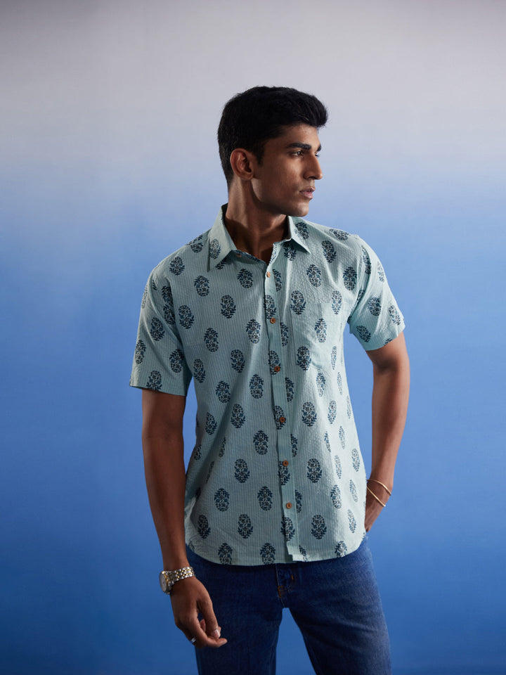 Vastramay Men's Mint Green Ethnic Motif Printed Cotton Shirt