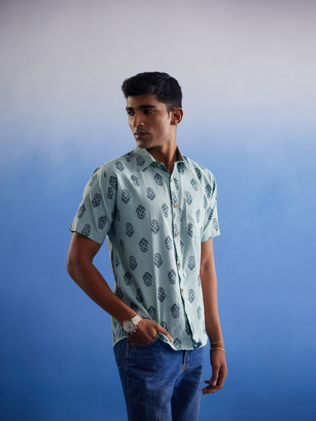 Vastramay Men's Mint Green Ethnic Motif Printed Cotton Shirt