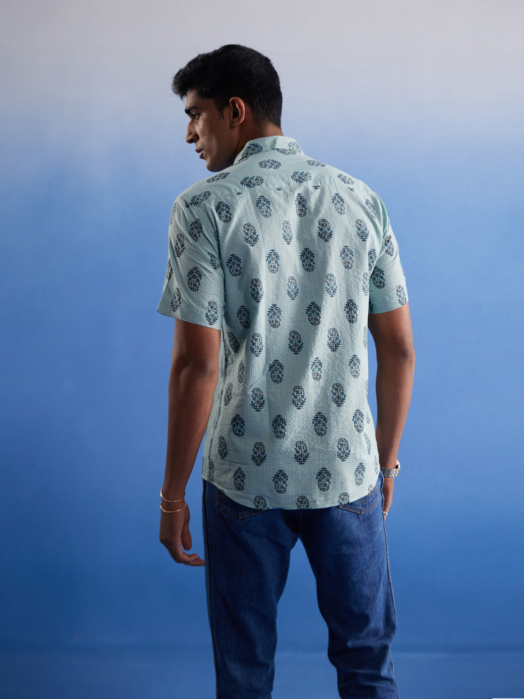 Traditional Indian-inspired Mint Green Cotton Shirt with Ethnic Motif Print, Side View