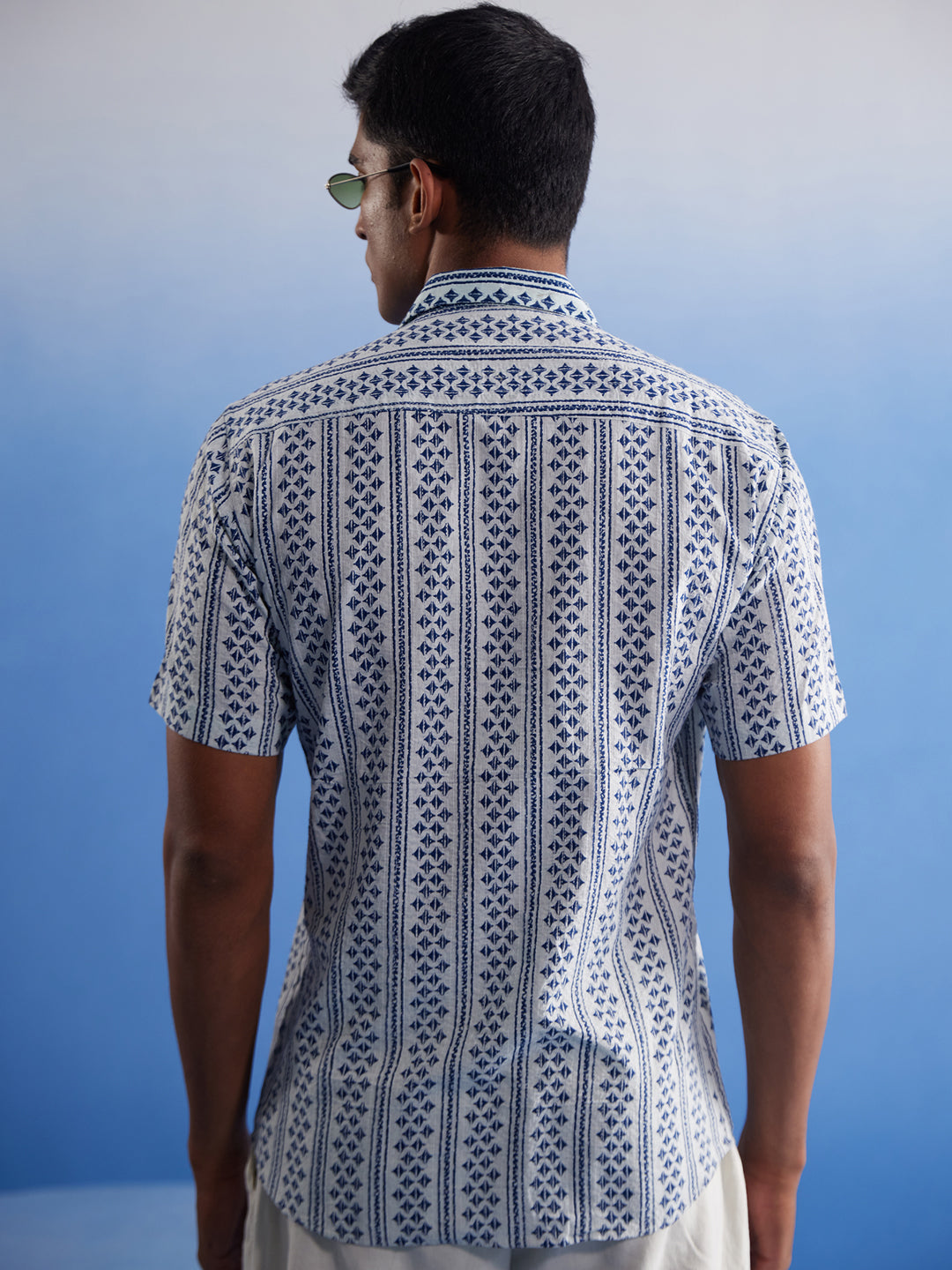 Handcrafted White And Blue Cotton Shirt With Intricate Kantha Stitch