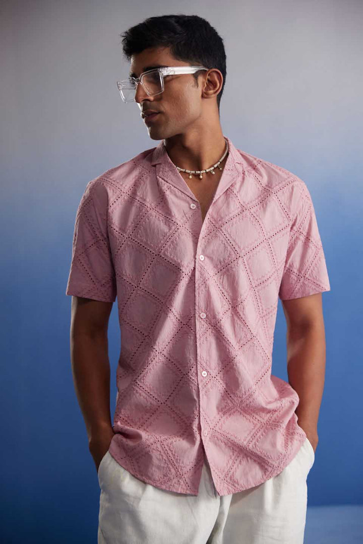 Vibrant pink Hakooba shirt with intricate embroidered details for men