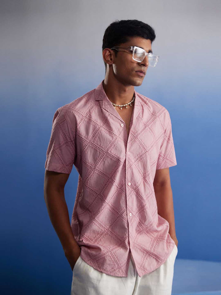 Vastramay Men's Pink Hakooba Shirt - Stylish and comfortable pink shirt with intricate Hakooba design for men