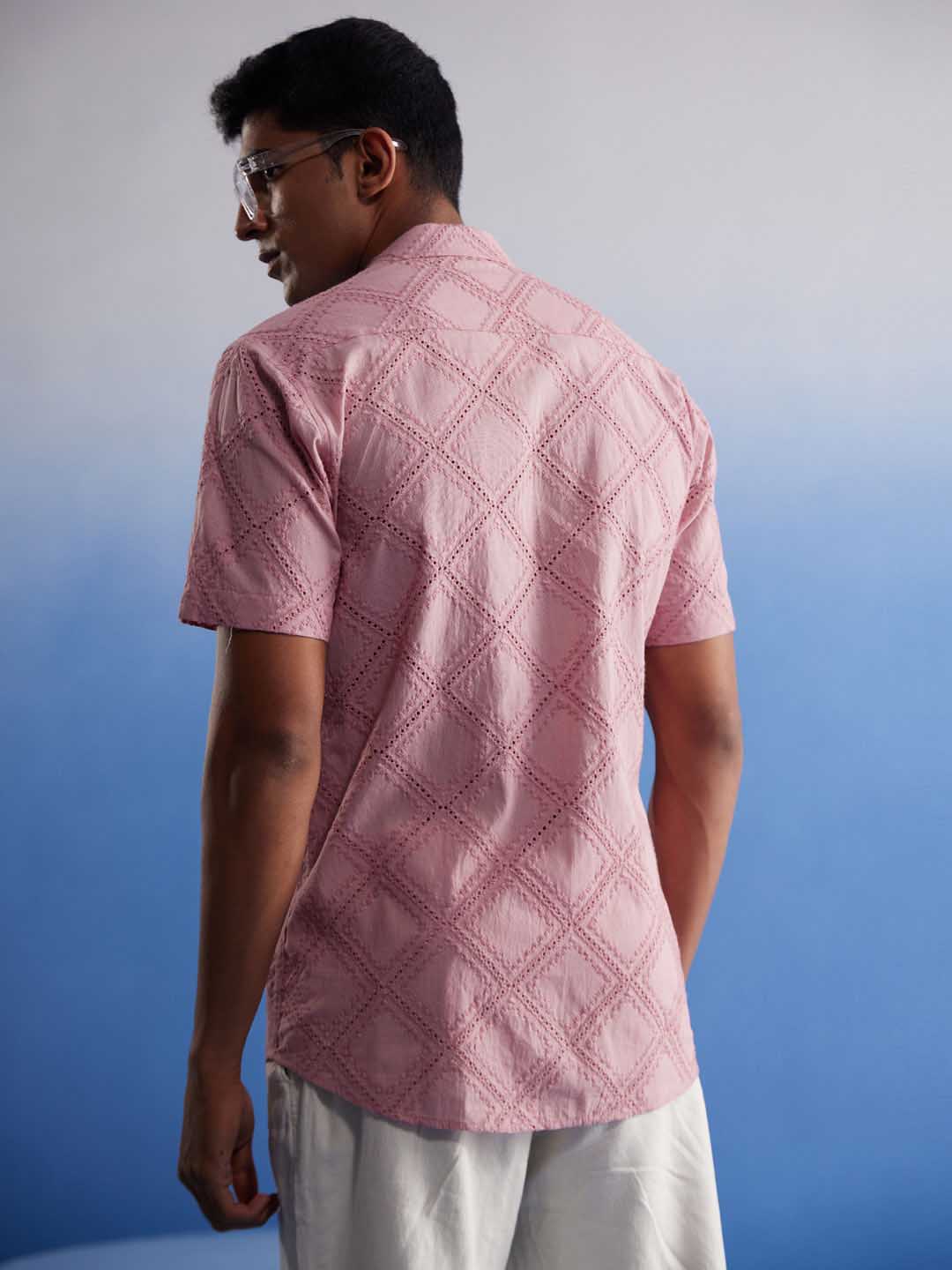 Vibrant pink Hakooba shirt for men with intricate design and comfortable fabric