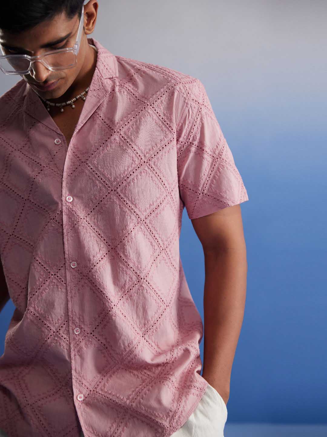 Vastramay Men's Pink Hakooba Shirt with intricate pattern and button-down collar