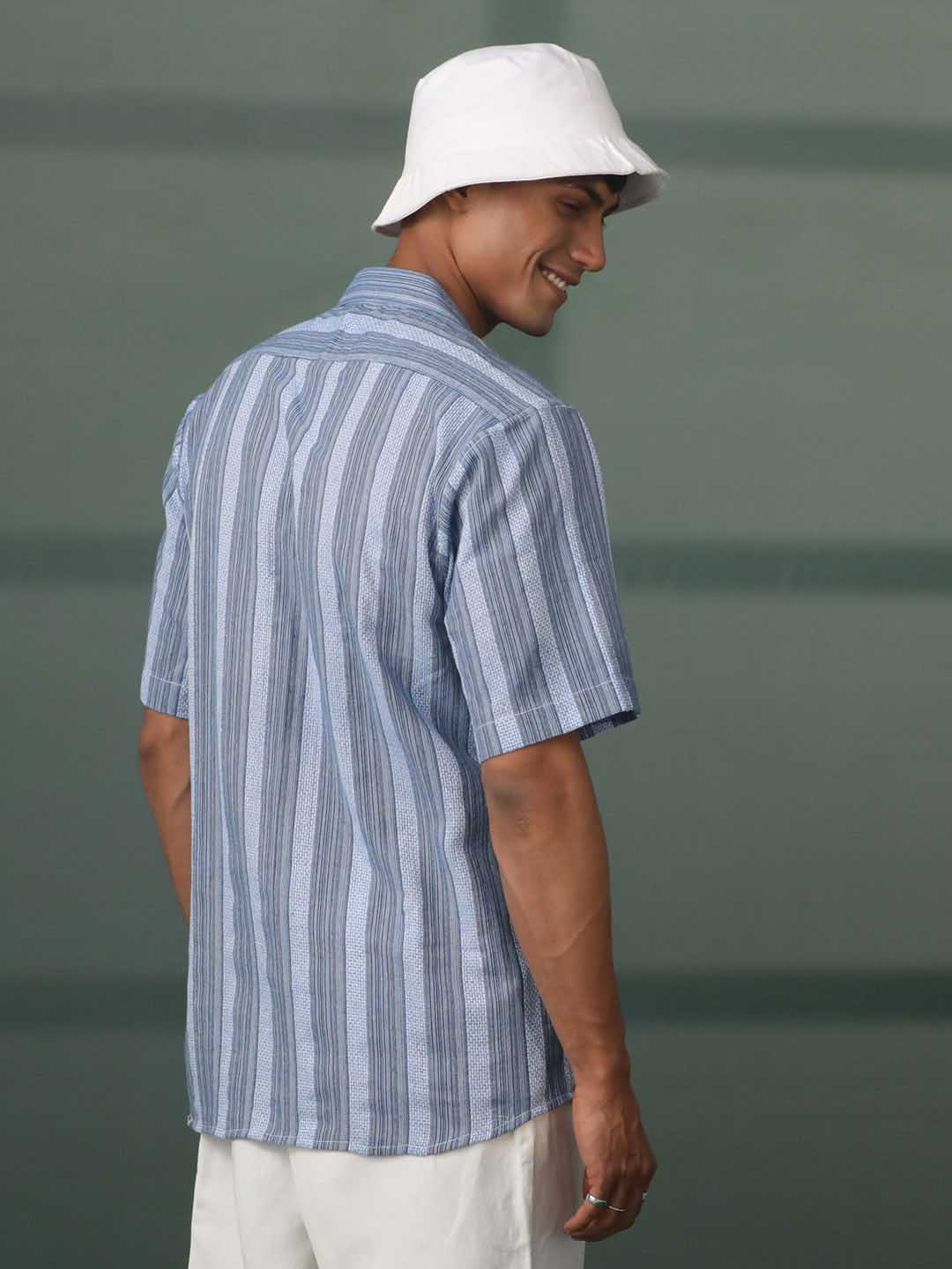  Side view of VASTRAMAY Men's Blue Striped Shirt with knitted pattern