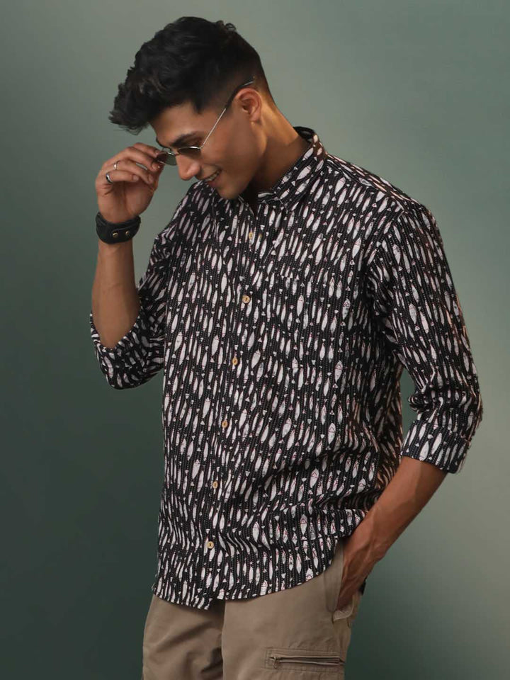 Vastramay Men's Black Fish Motif Printed Cotton Blend Stripes Shirt