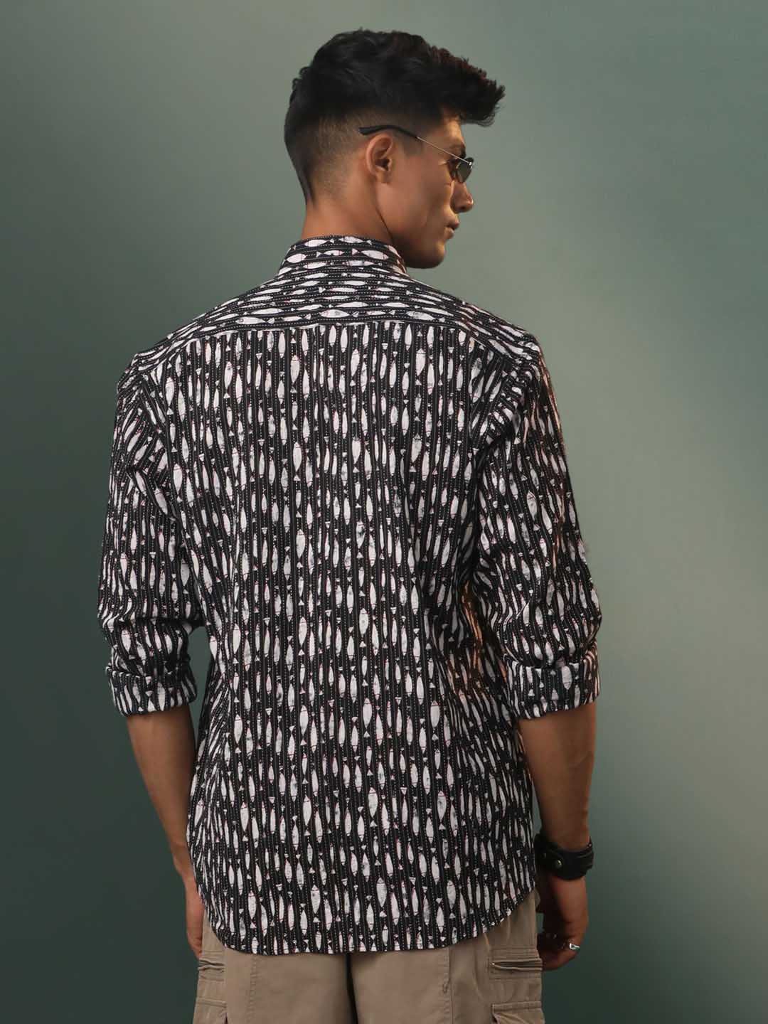 Stylish men's black shirt with fish motif and stripe design