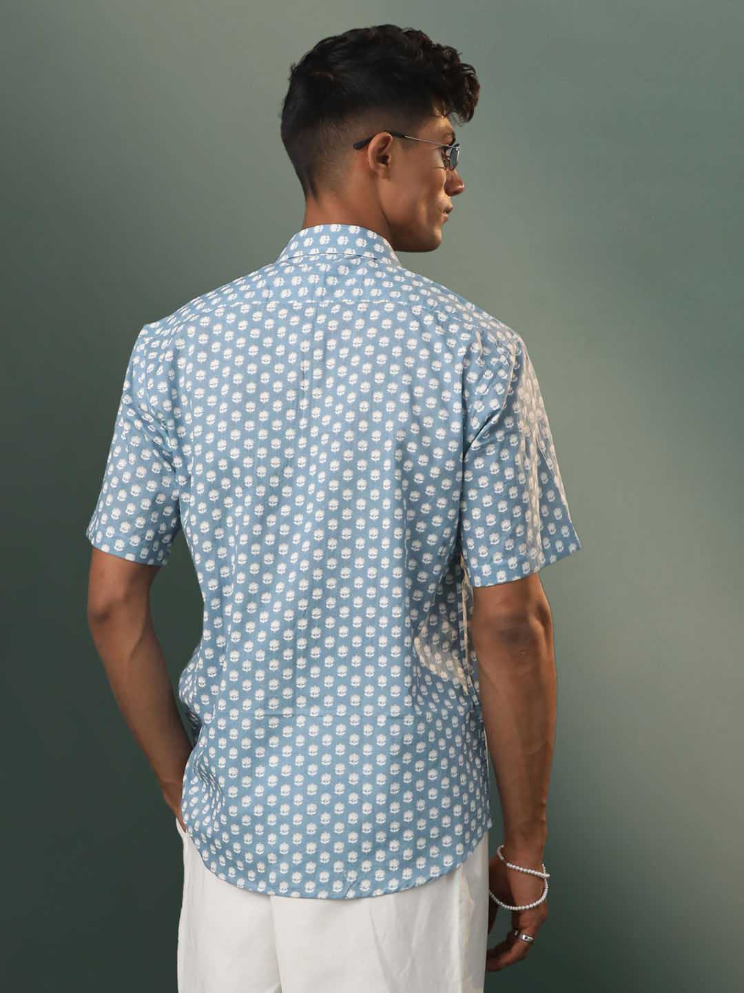  Side angle of Vastramay Men's Grey Floral Print Cotton Shirt made with Soft and Breathable Cotton Fabric