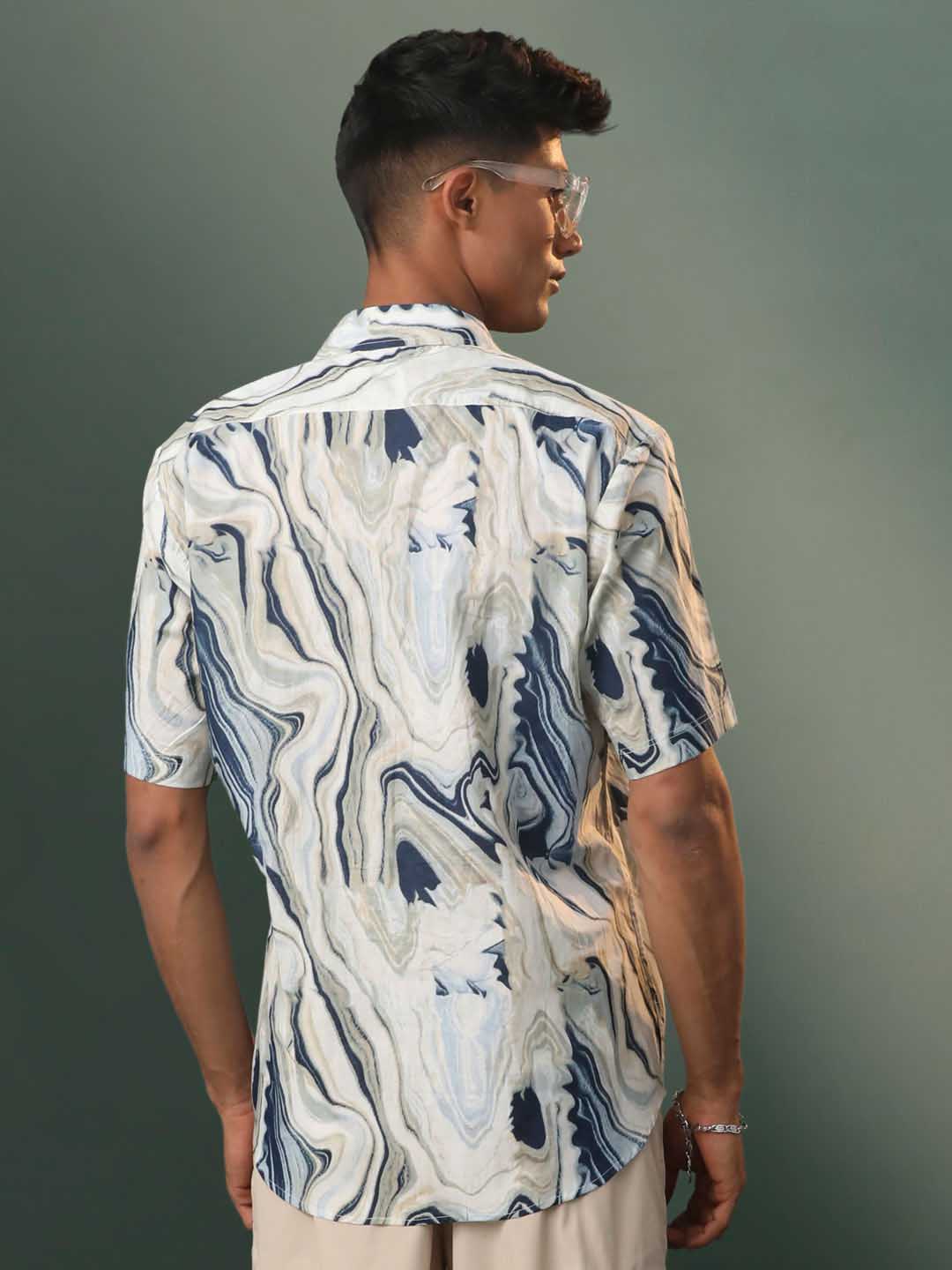  Side view of Vastramay Men's Multi-Color Base Cream Marble Print Cotton Shirt with button details