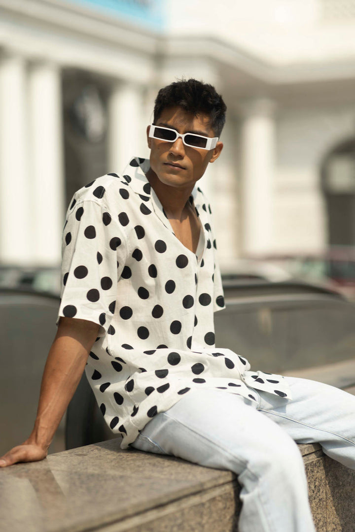 VASTRAMAY Men's White And Black Polka Dot Print Cotton Shirt, perfect for casual or formal wear, adds a touch of style and sophistication to any outfit