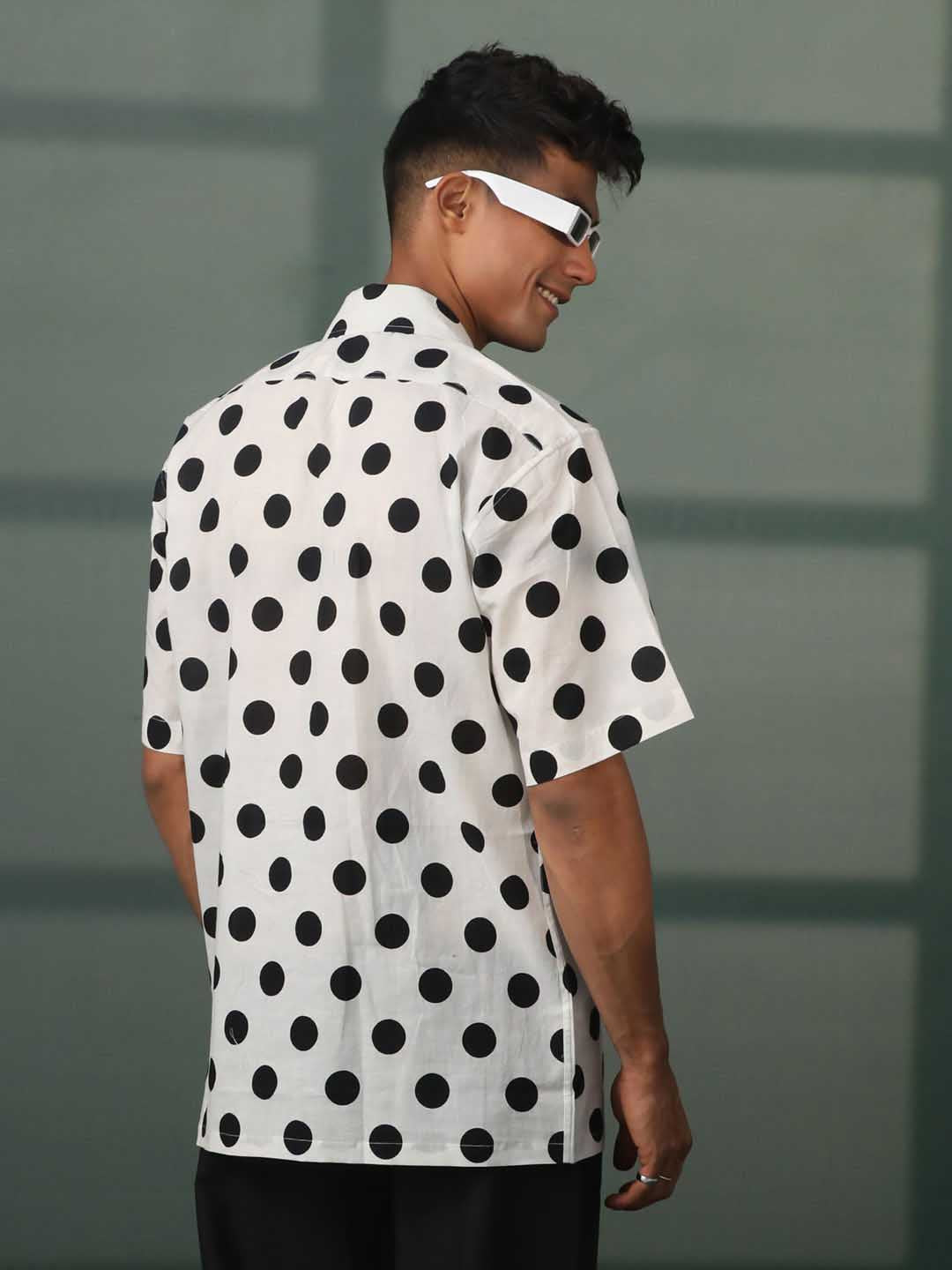 VASTRAMAY Men's White And Black Polka Dot Print Cotton Shirt