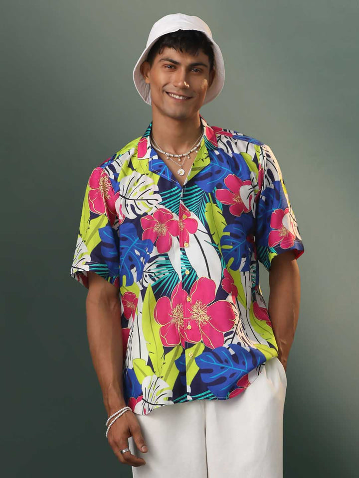 VASTRAMAY Men's Multi Color printed Cotton Blend Shirt with intricate floral patterns and button-down collar 