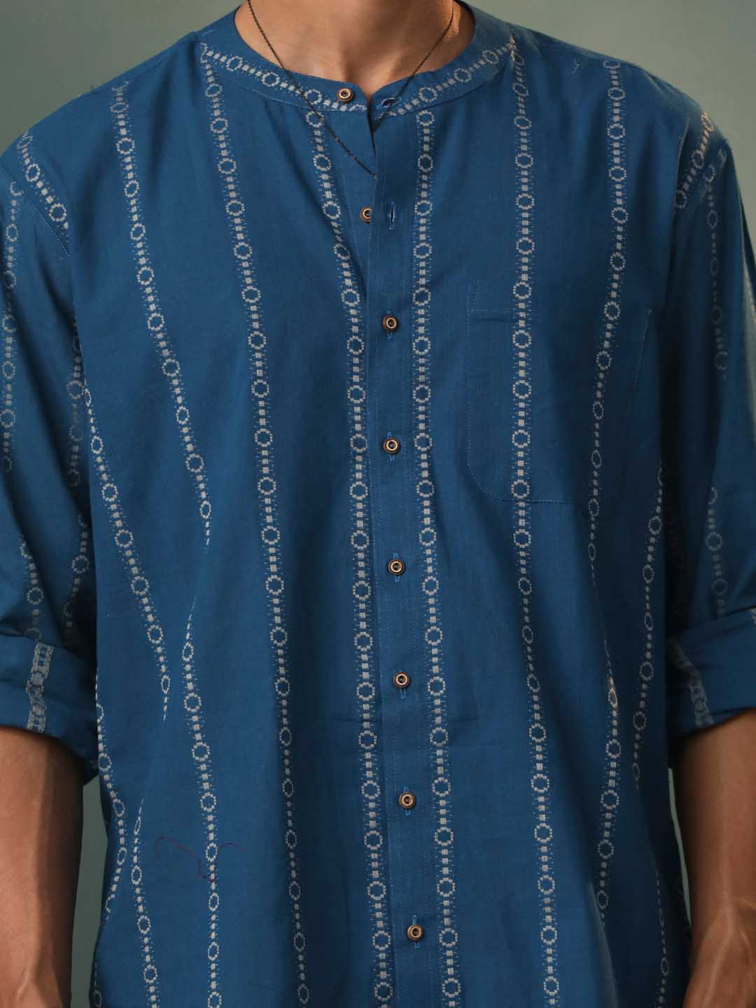 Vastramay Men's Indigo Jacquard Cotton Shirt with intricate woven pattern and comfortable, breathable fabric