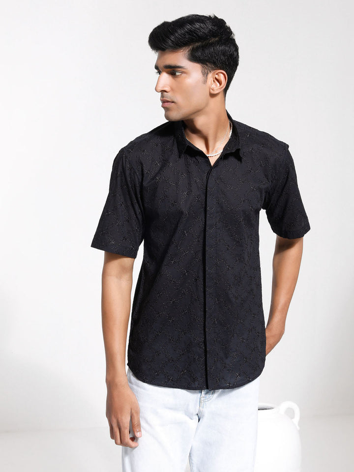 VASTRAMAY Men's Black Cotton Ethnic Shirt with intricate traditional design and button-down collar