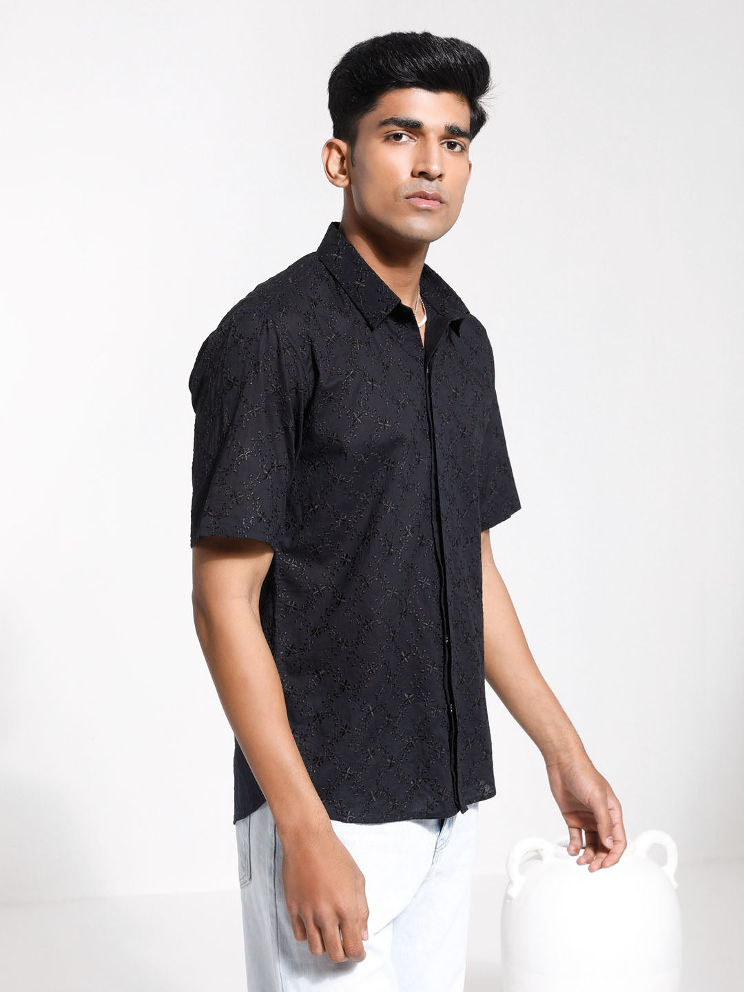 VASTRAMAY Men's Black Cotton Ethnic Shirt