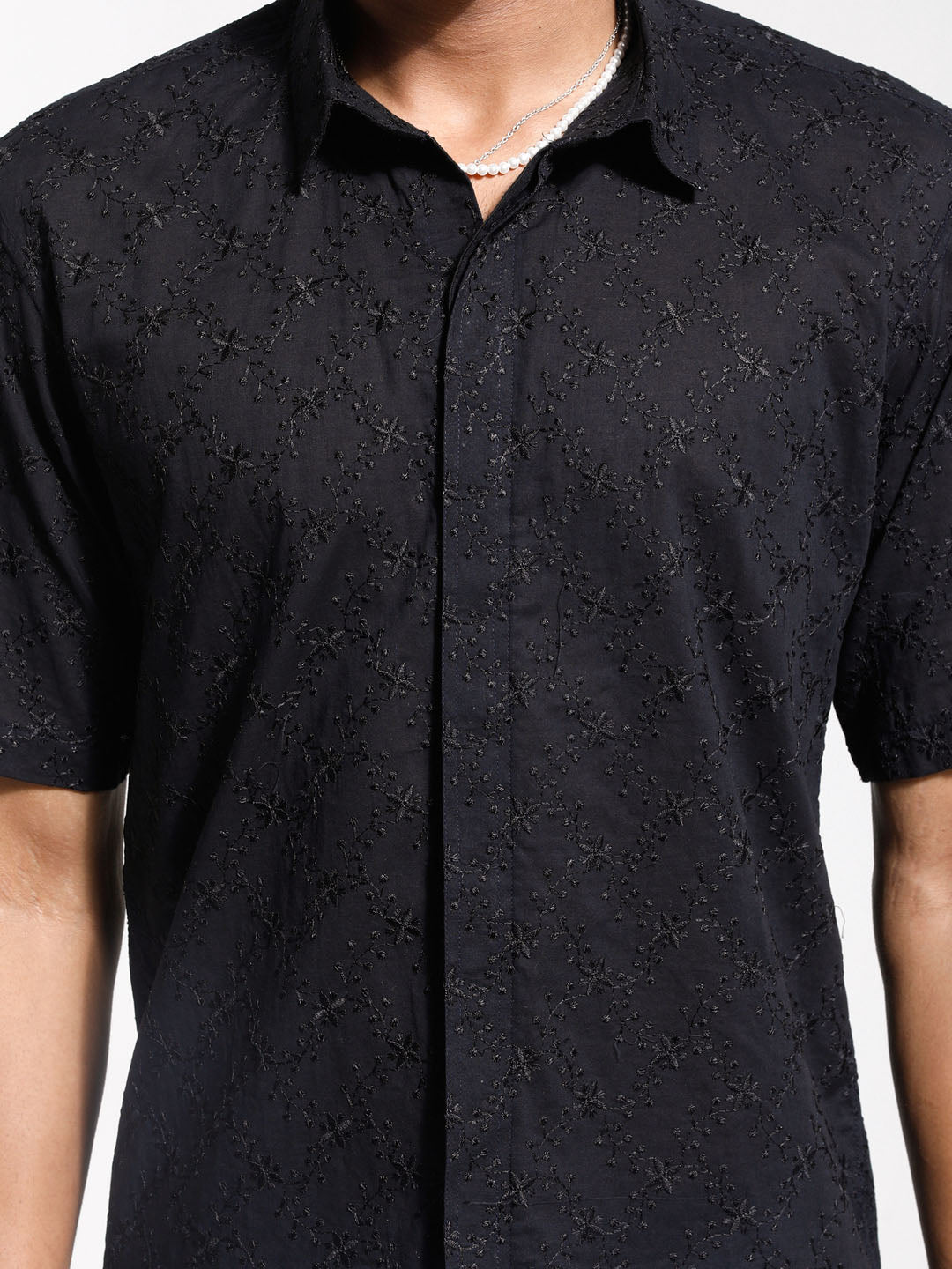 VASTRAMAY Men's Black Cotton Ethnic Shirt with Intricate Embroidery and Traditional Design