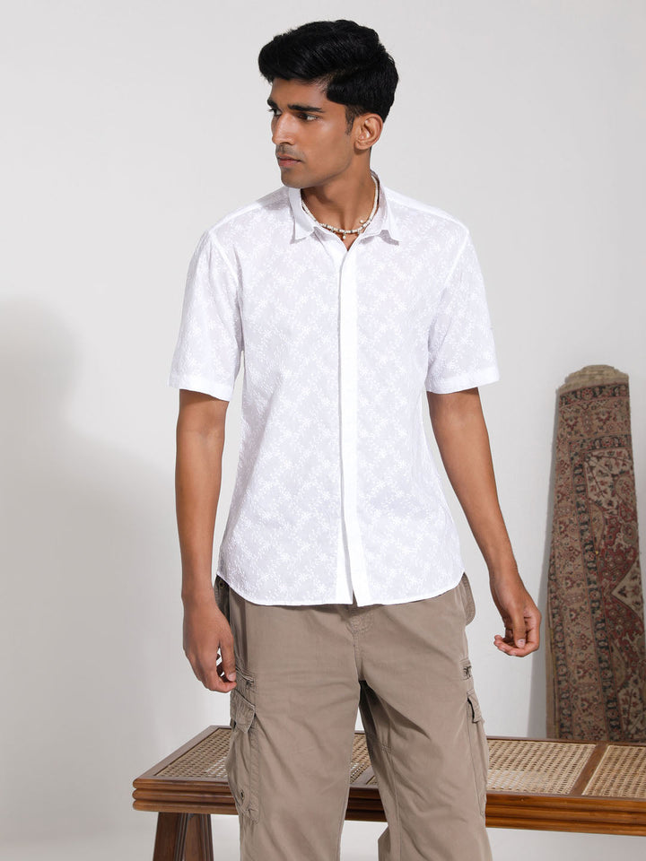 VASTRAMAY Men's White Cotton Ethnic Shirt with traditional Indian print and mandarin collar