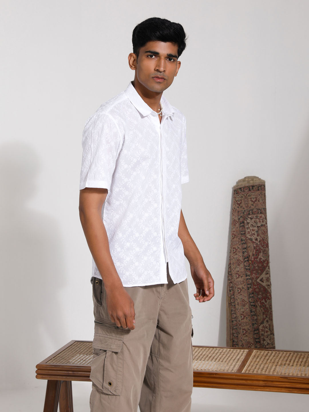 VASTRAMAY Men's White Cotton Ethnic Shirt with Traditional Embroidery and Collar 