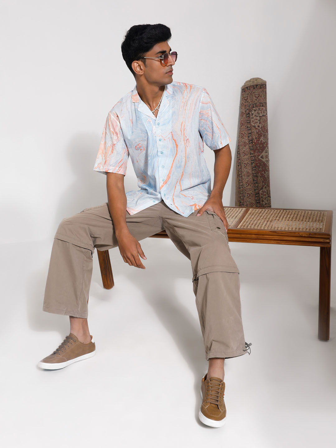 VASTRAMAY Men's MultiColour Cotton Ethnic Shirt model wearing the shirt in a casual setting