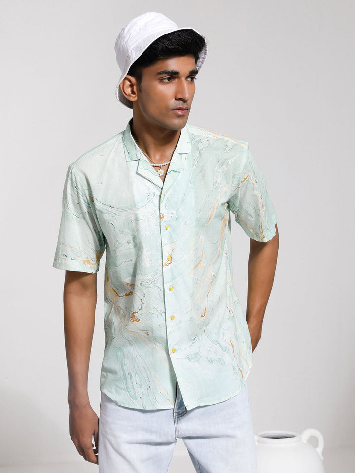 VASTRAMAY Men's Mint Green Cotton Ethnic Shirt with traditional Indian embroidery