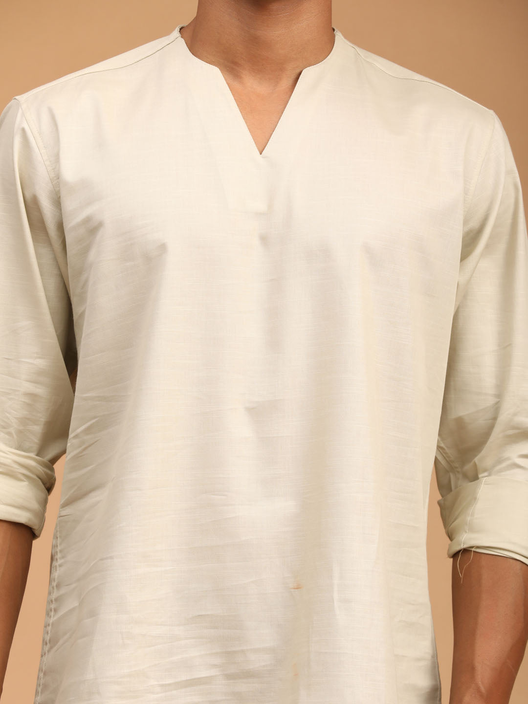  Vastramay Short Kurta in Cream Color with Side Vents and Full Sleeves