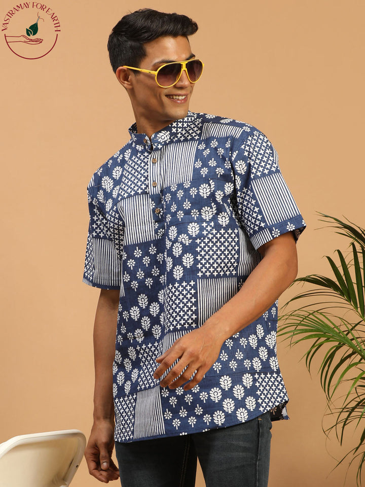 Vastramay Men's Blue Printed Pure Cotton Short Kurta