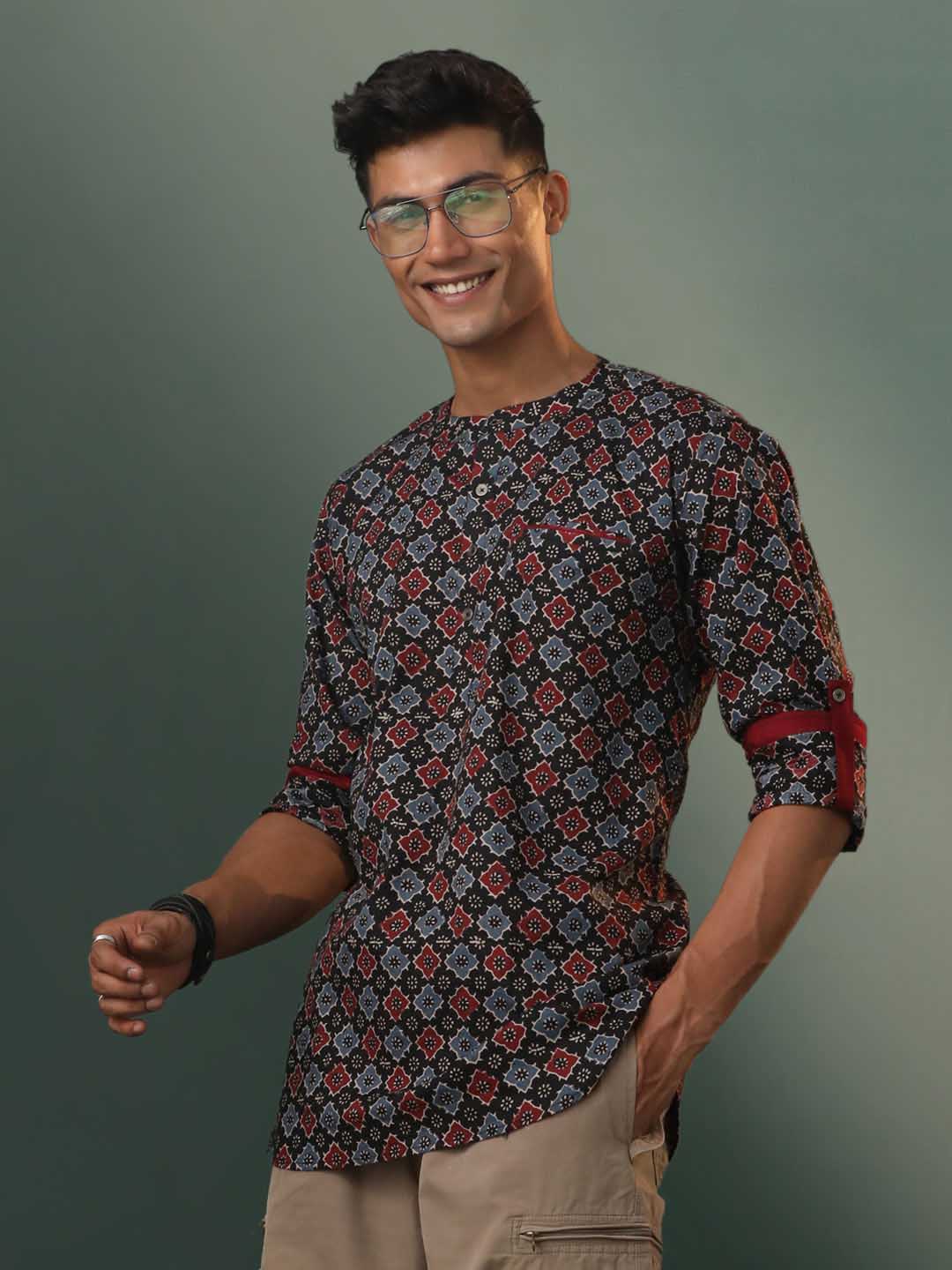 VASTRAMAY Men's Multi Color Base Black Ajrakh Print Short Kurta, traditional Indian attire for men with intricate ajrakh print design