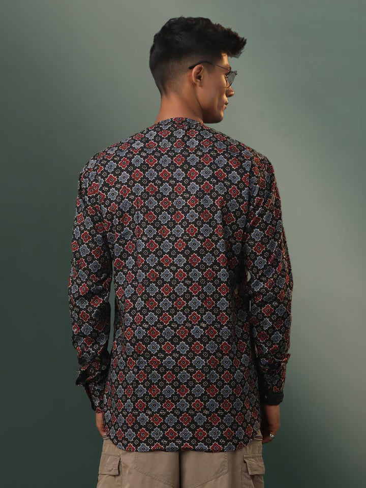 VASTRAMAY Men's Multi Color Base Black Ajrakh Print Short Kurta - Traditional Indian ethnic fashion for men with intricate Ajrakh print design