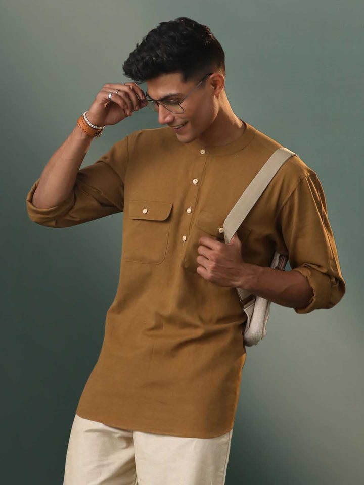 VASTRAMAY Men's Beige Cotton Cool Short Kurta