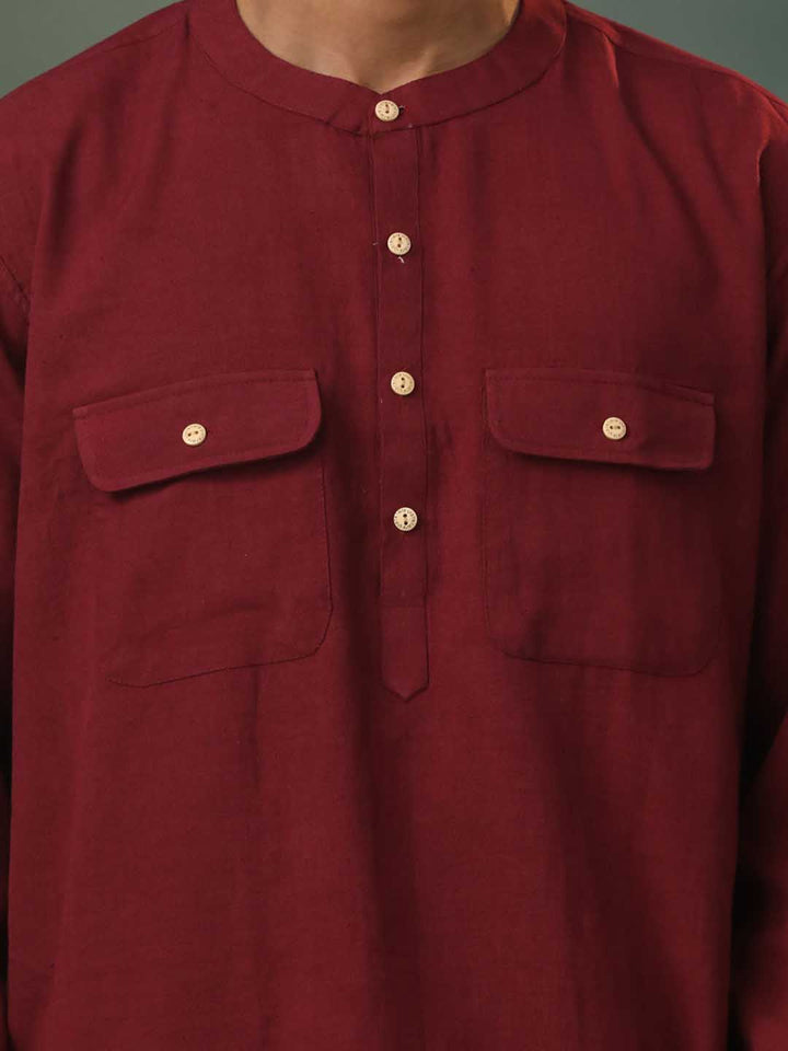 VASTRAMAY Men's Maroon Cotton Cool Short Kurta