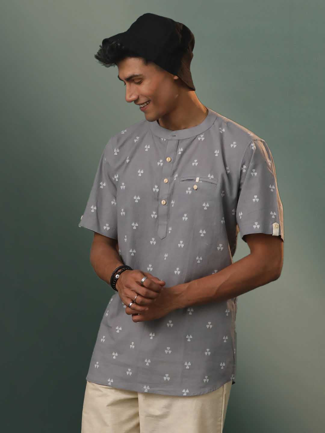 VASTRAMAY Men's Grey Cotton Jacquard Short Kurta - Front View with intricate jacquard pattern and mandarin collar
