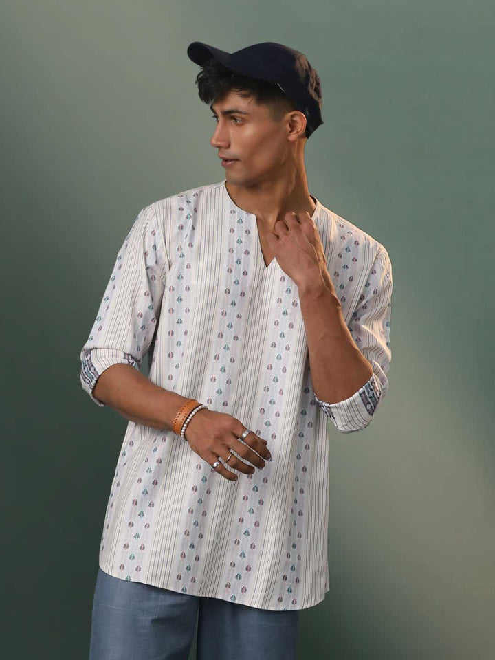 Off-white geometric weaved cotton short kurta for men with intricate patterns