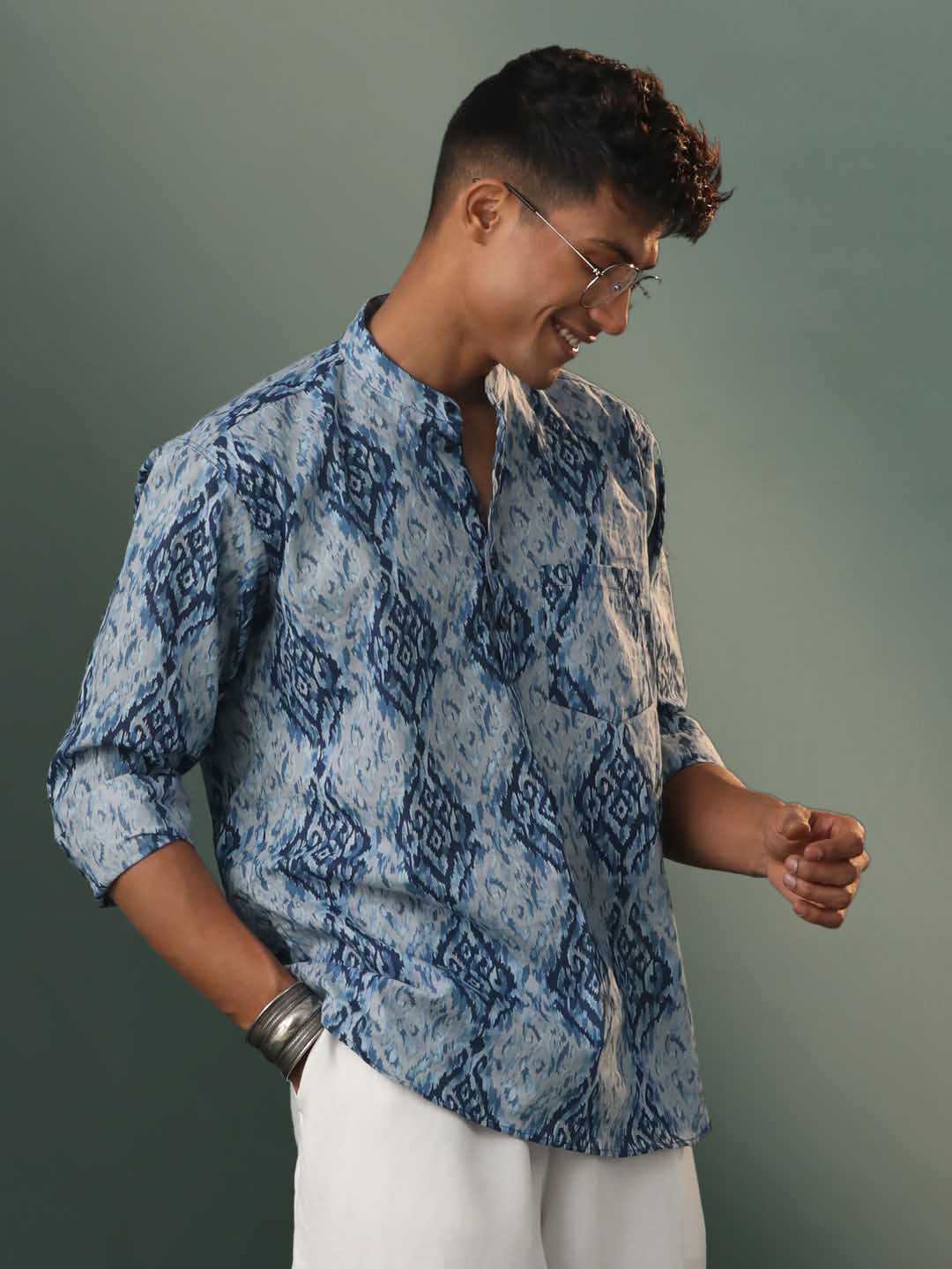 VASTRAMAY Men's Blue And Grey Printed Cotton Shirt