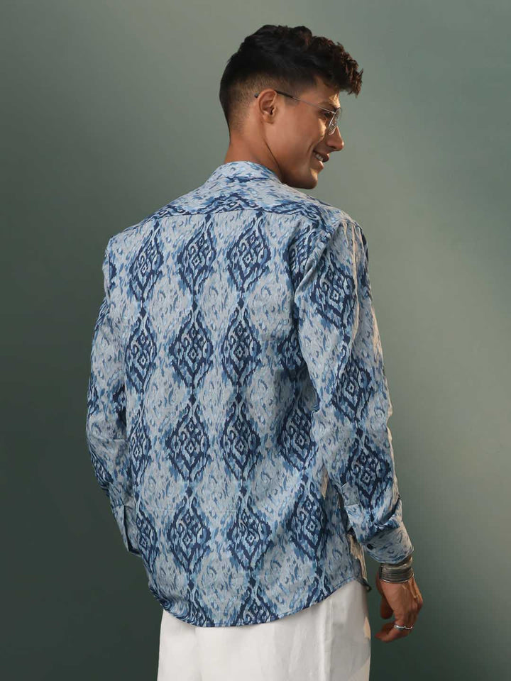 VASTRAMAY Men's Blue And Grey Printed Cotton Shirt