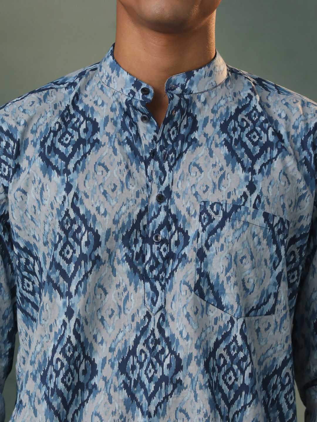 VASTRAMAY Men's Blue And Grey Printed Cotton Shirt