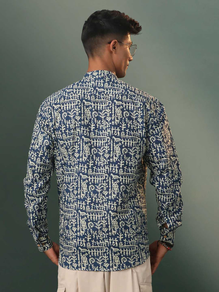 Vibrant navy blue short kurta for men with intricate tribal print design