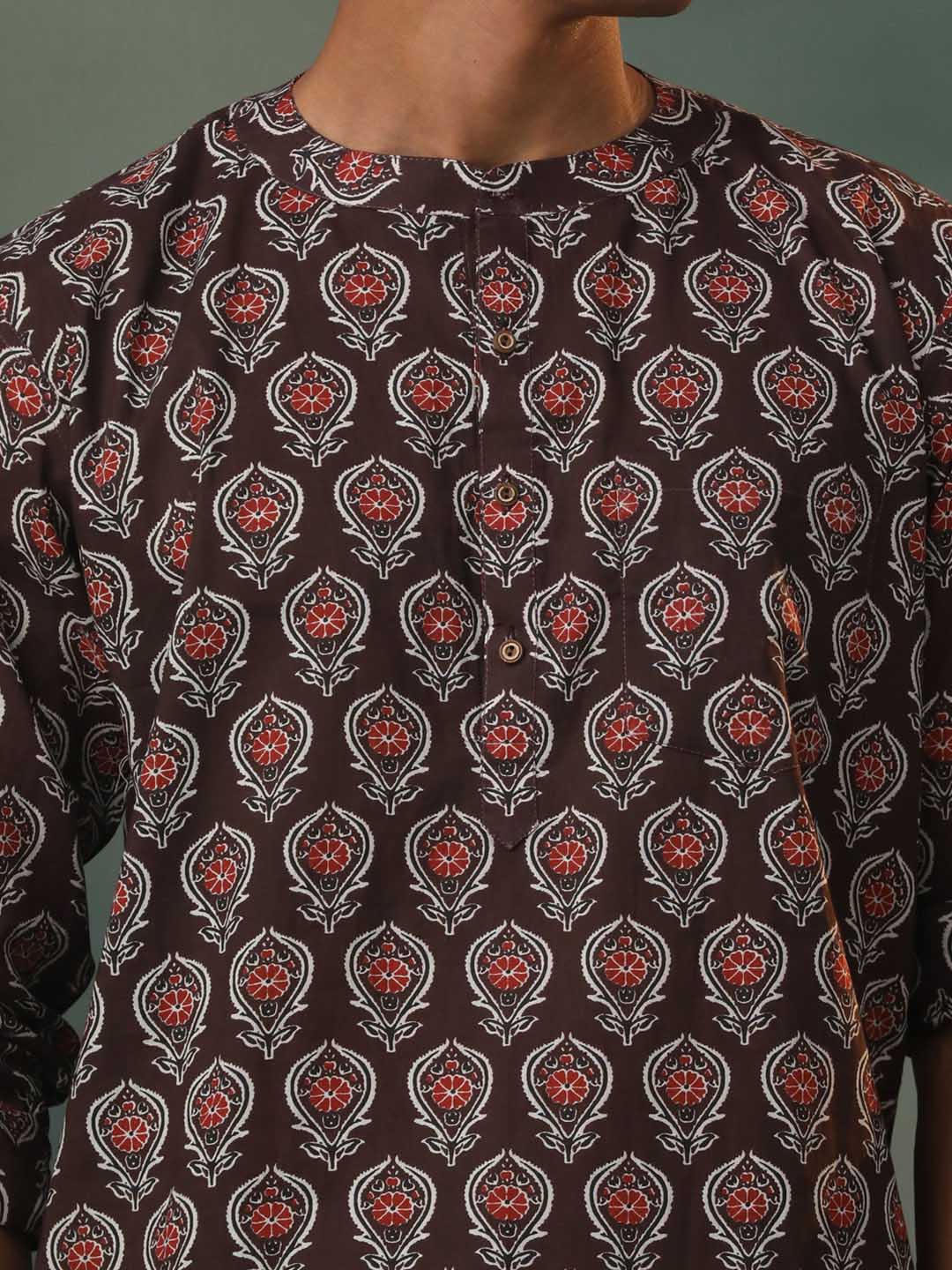  High-quality VASTRAMAY Men's Kurta in Coffee Brown with traditional Ajrakh print