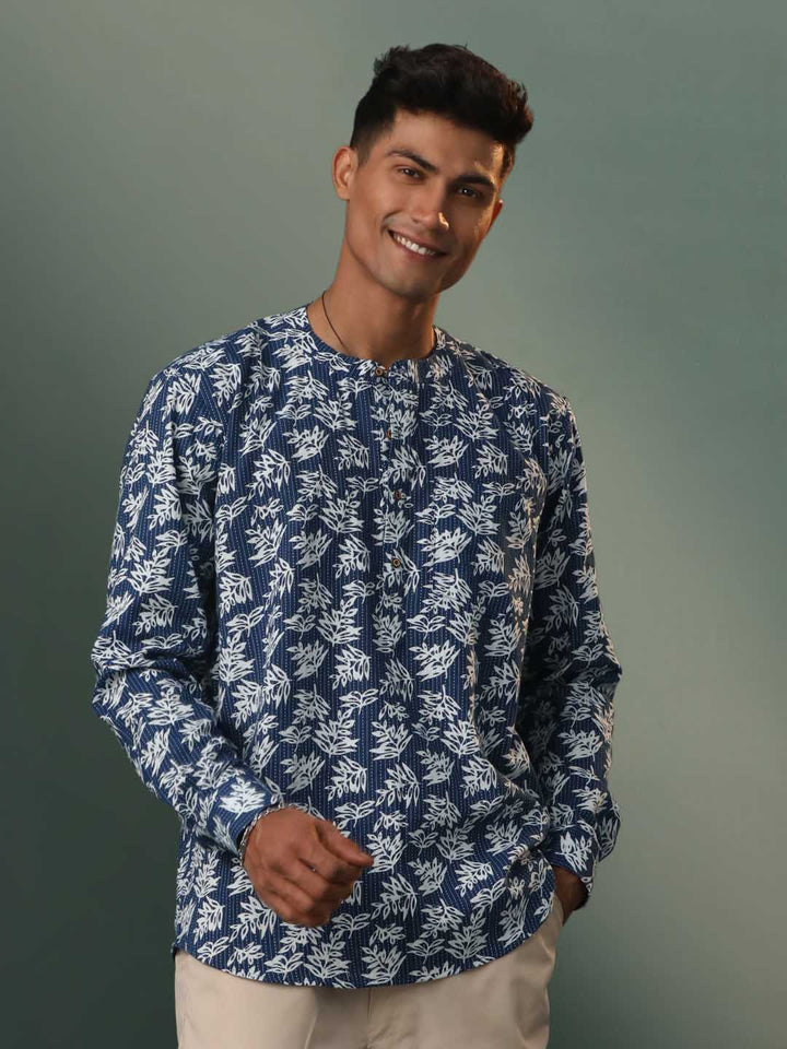 VASTRAMAY Men's Navy Blue Printed Cotton Short Kurta with Kantha Stitch detailing