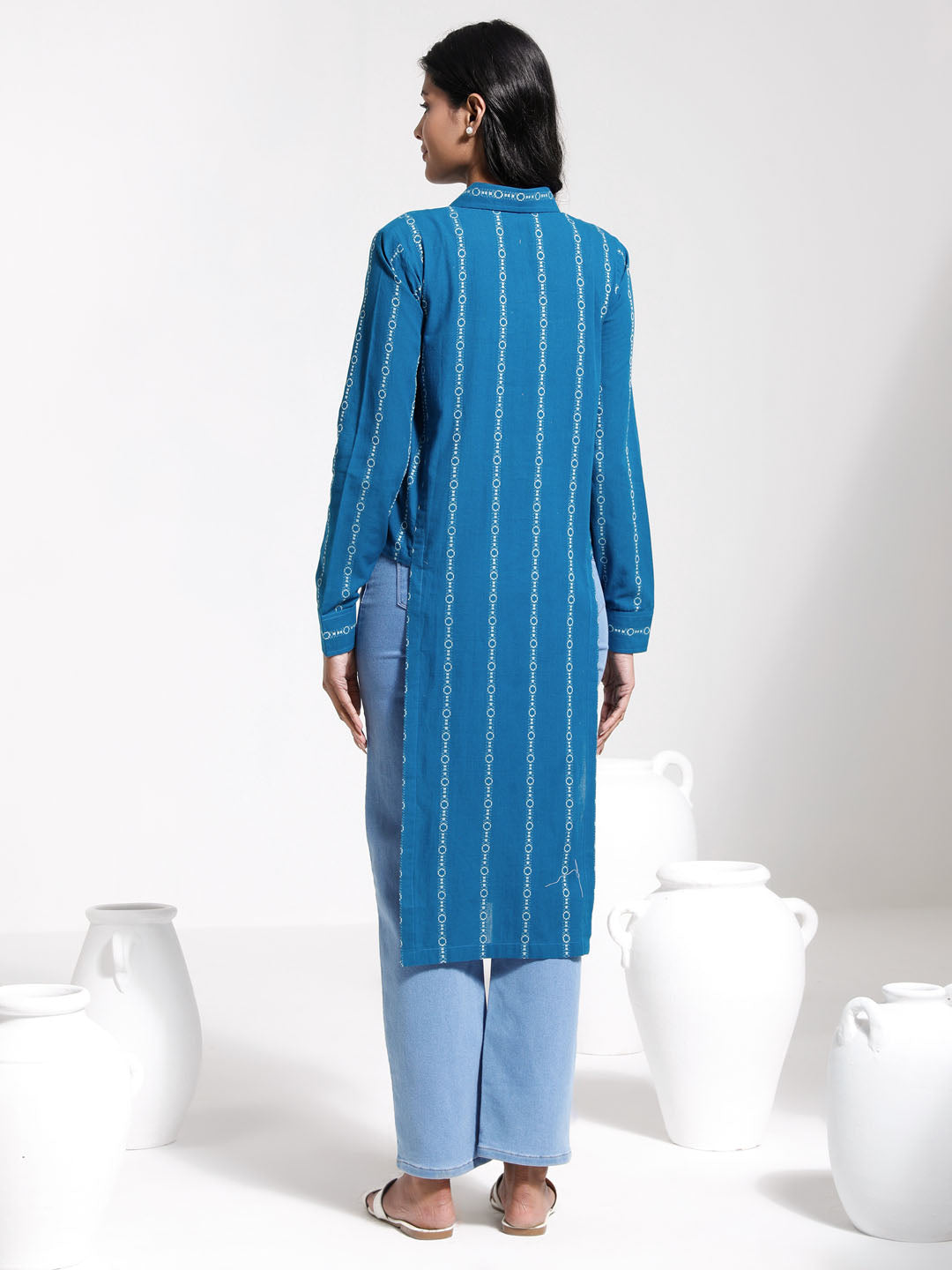 Women's Blue Jacquard Cotton Shirt Style Kurta