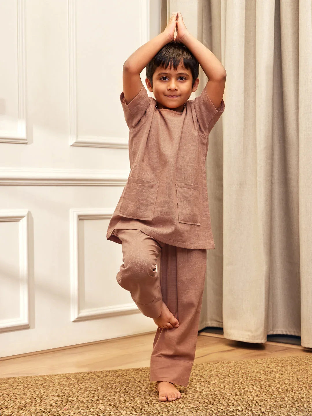 Boy's Rose Pink Solid Cotton Yoga Kurta Set With Trouser