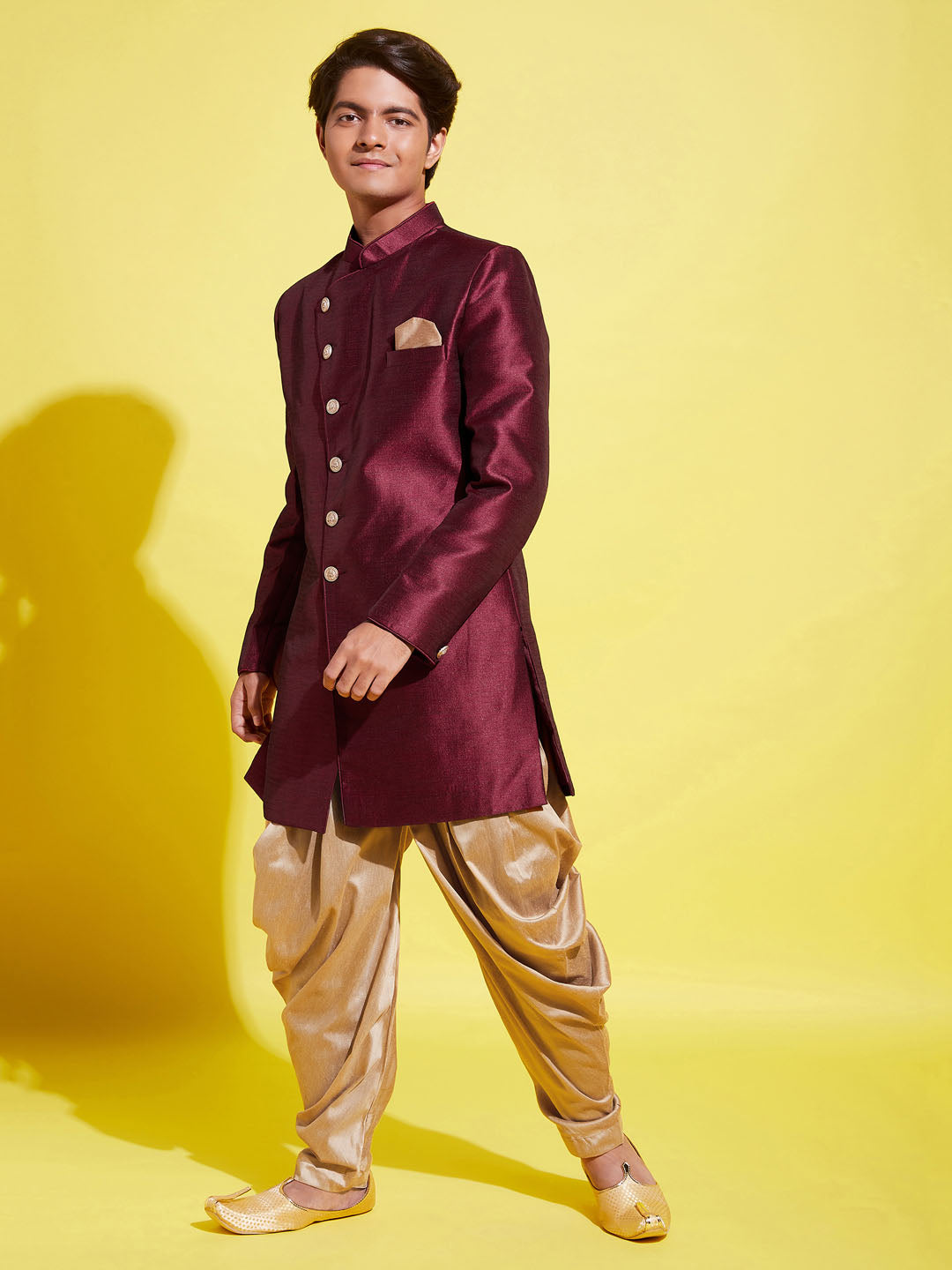 VASTRAMAY Boys Maroon And Rose Gold Indowestern Set