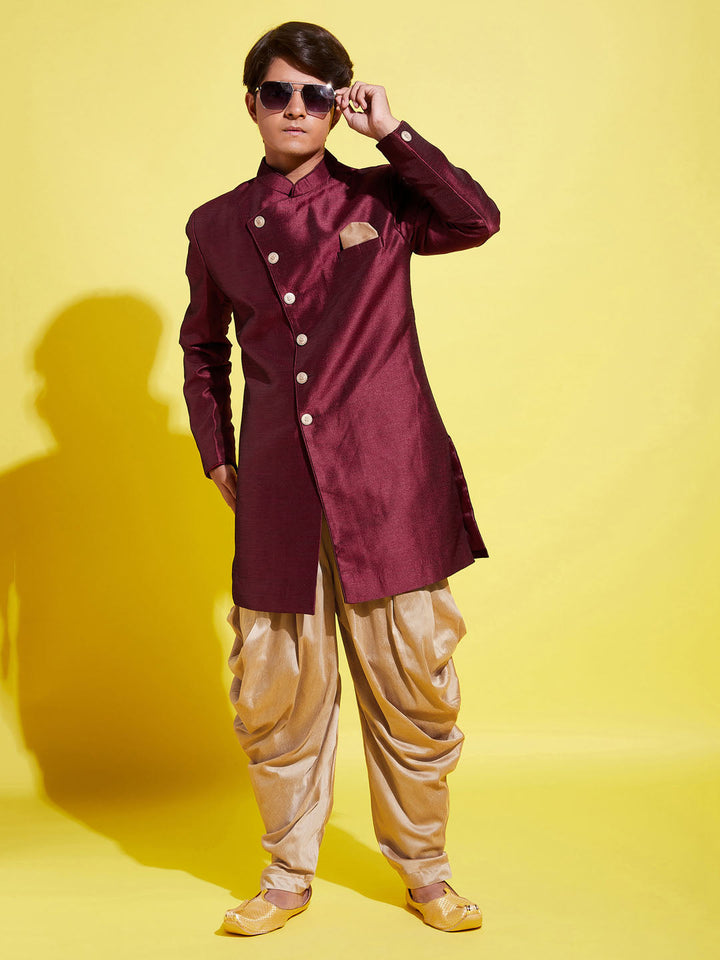 VASTRAMAY Boys Maroon And Rose Gold Indowestern Set