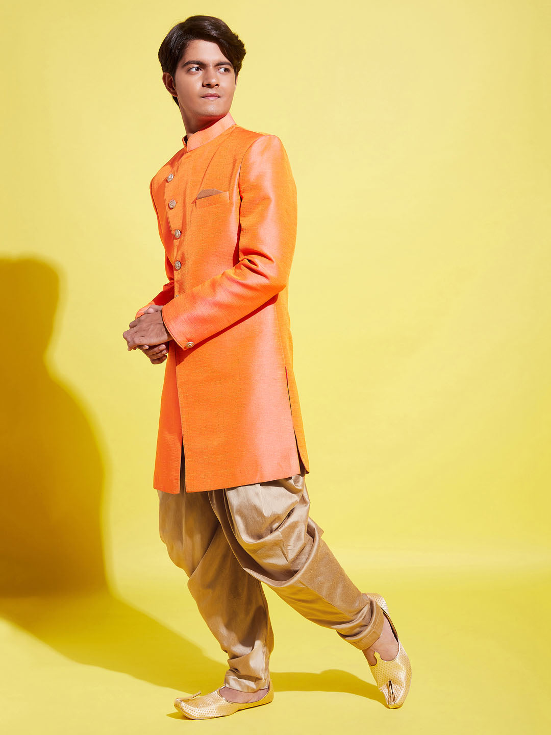 VASTRAMAY Boys Orange And Rose Gold Indowestern Set