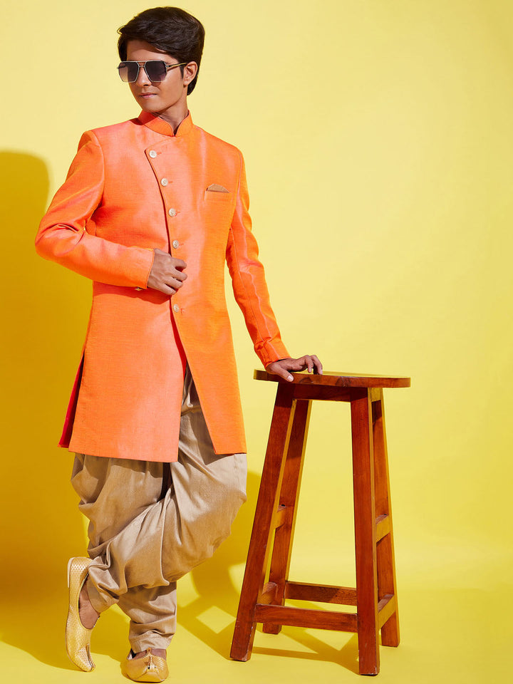 VASTRAMAY Boys Orange And Rose Gold Indowestern Set