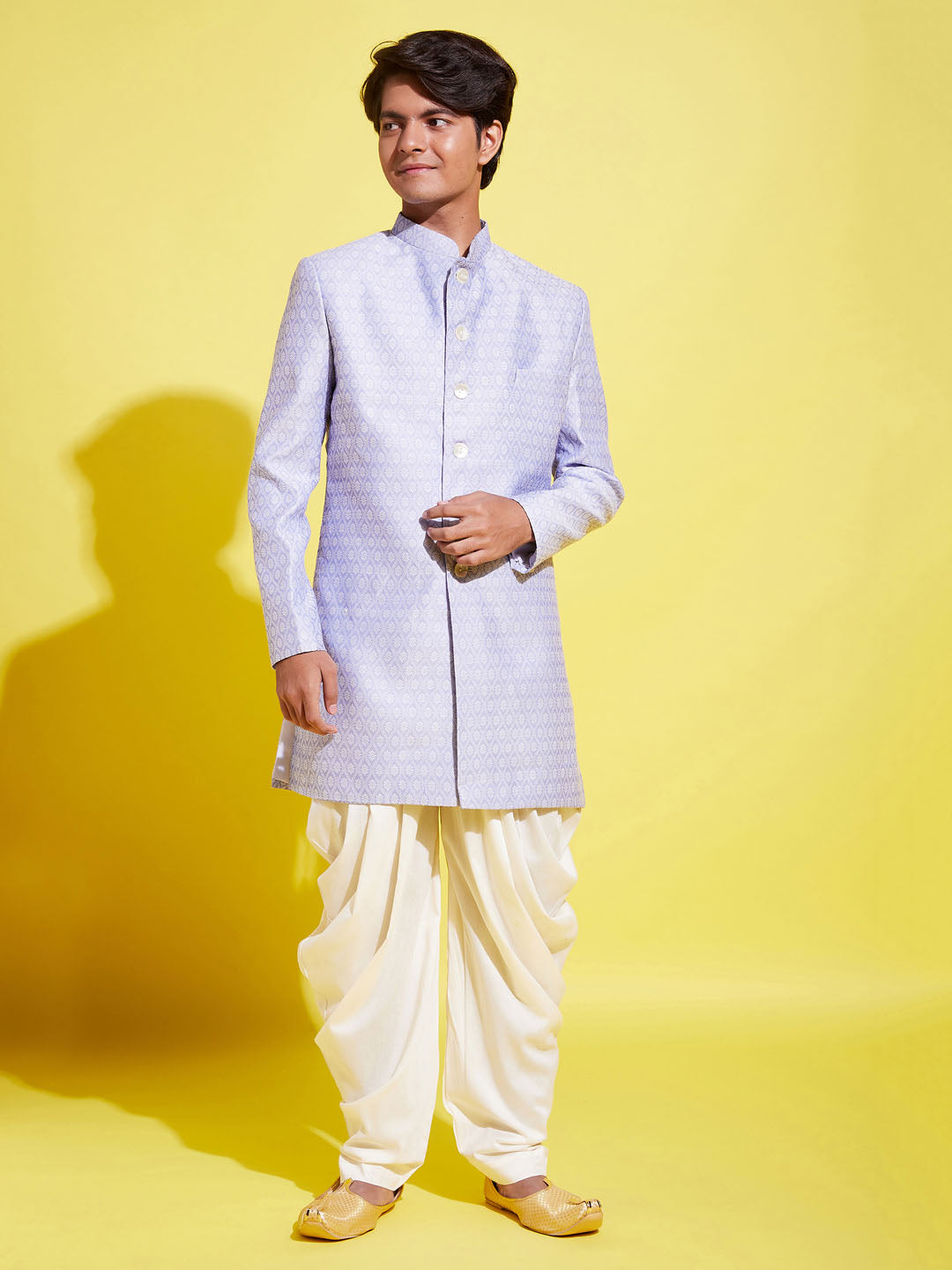 VASTRAMAY Boys Lavender Indo Western Jacquard Sherwani and Dhoti Pant Set