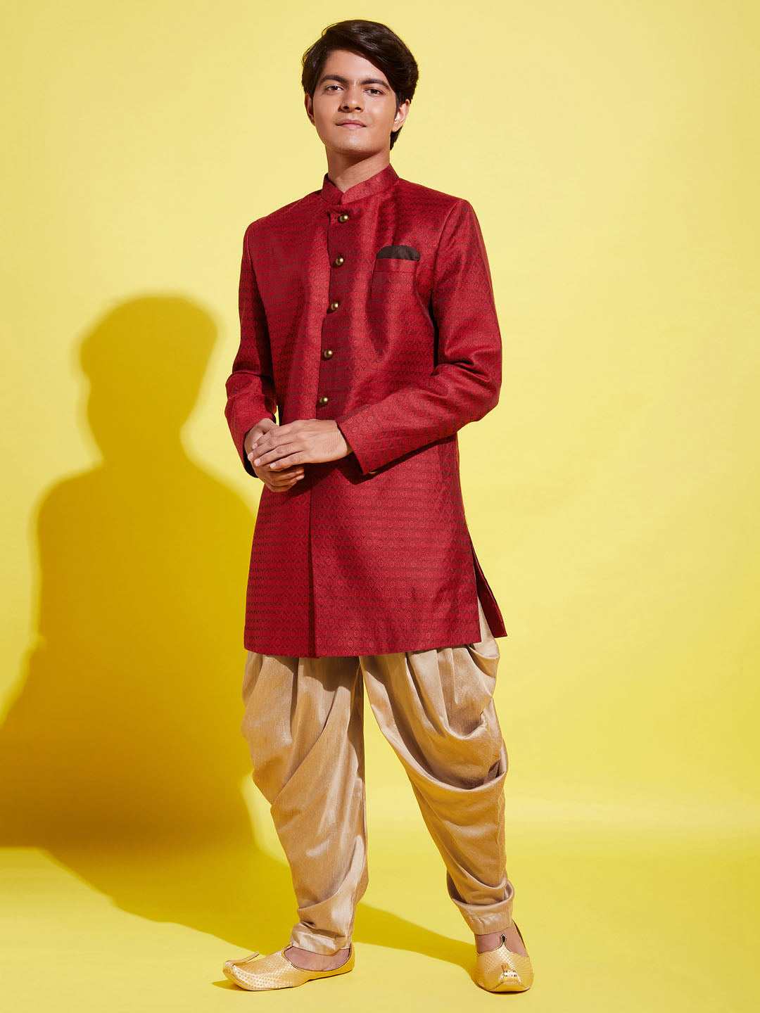 VASTRAMAY Boys Maroon Indo Western Jacquard Sherwani and Dhoti Pant Set